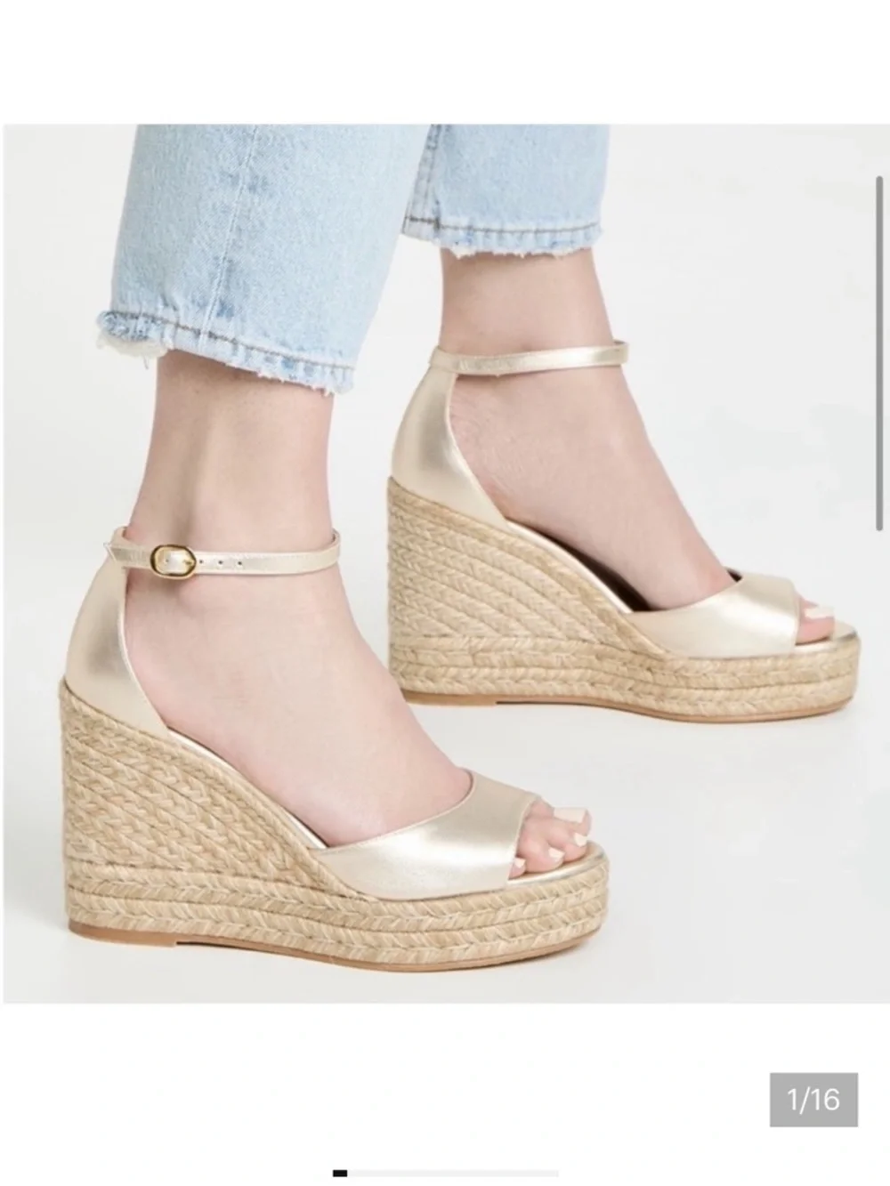 Stuart Weitzman Nudistcurve Metallic Gold Espadrille Wedge Sandals w/Ankle Strap - Picture 1 of 16